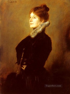 Franz von Lenbach Painting - Portrait Of A Lady Wearing A Black Coat With Fur Collar Franz von Lenbach